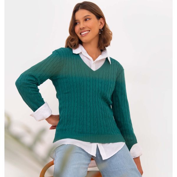 Suéter Tricot Trançado Gola V